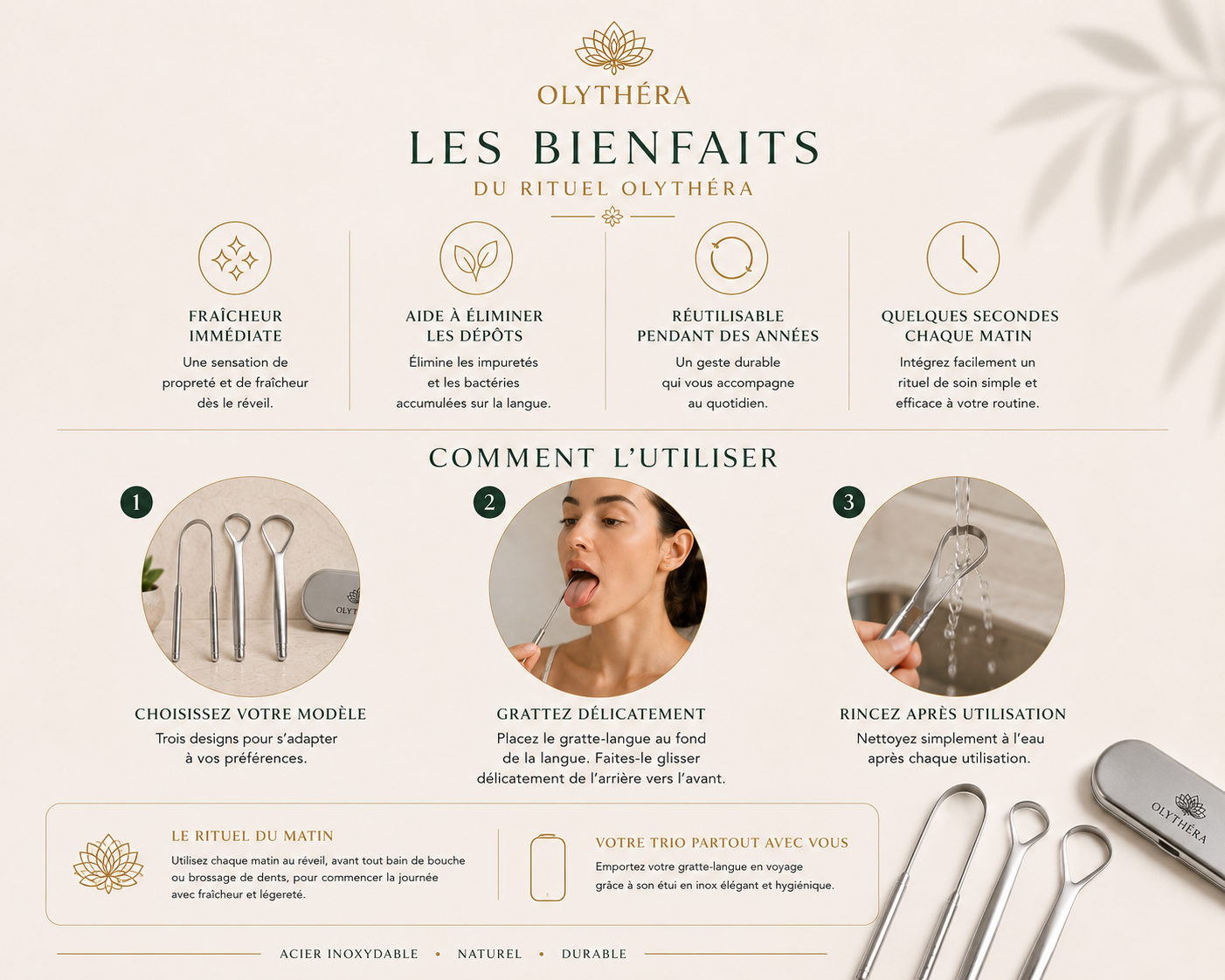OLYTHÉRA – Trio de gratte-langues Stainless Steel